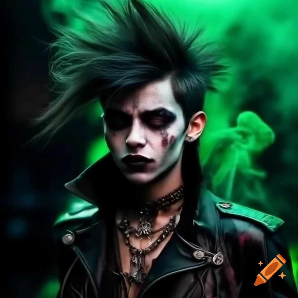 Psychedelic punk rock vampire with messy hair and piercings against green smoke