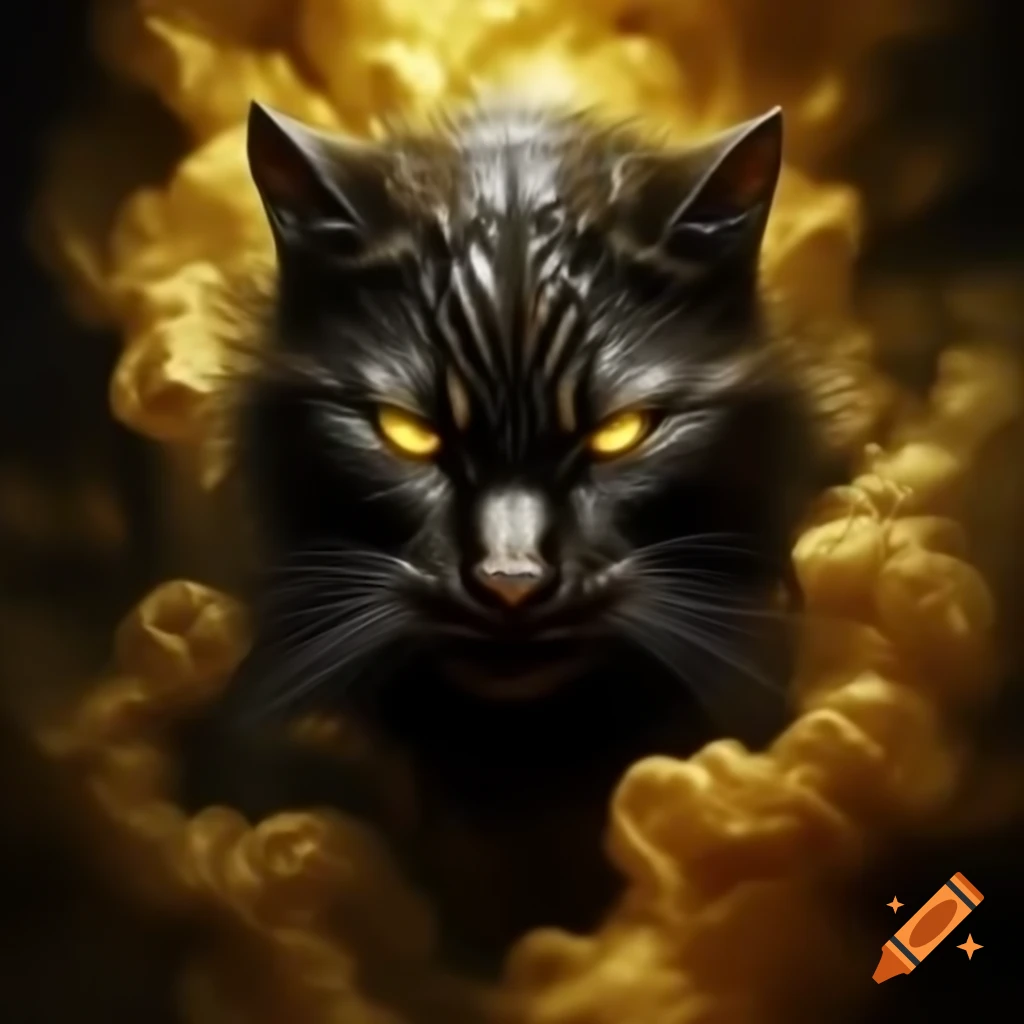 Shadowy feline visage in gold mist with angry gleaming eyes