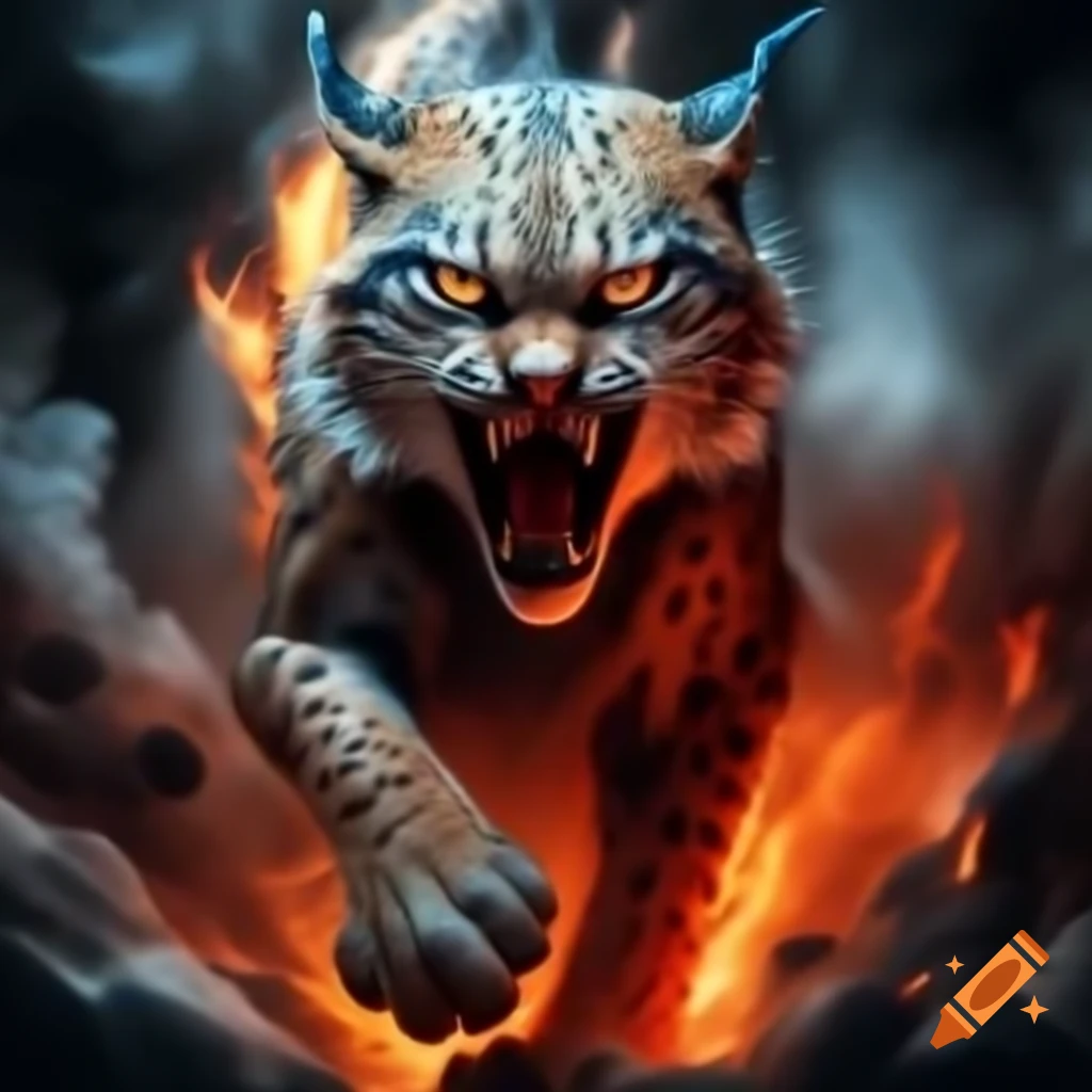 Lynx stepping through hot coals from a vortex of fire and smoke with red predatory gaze
