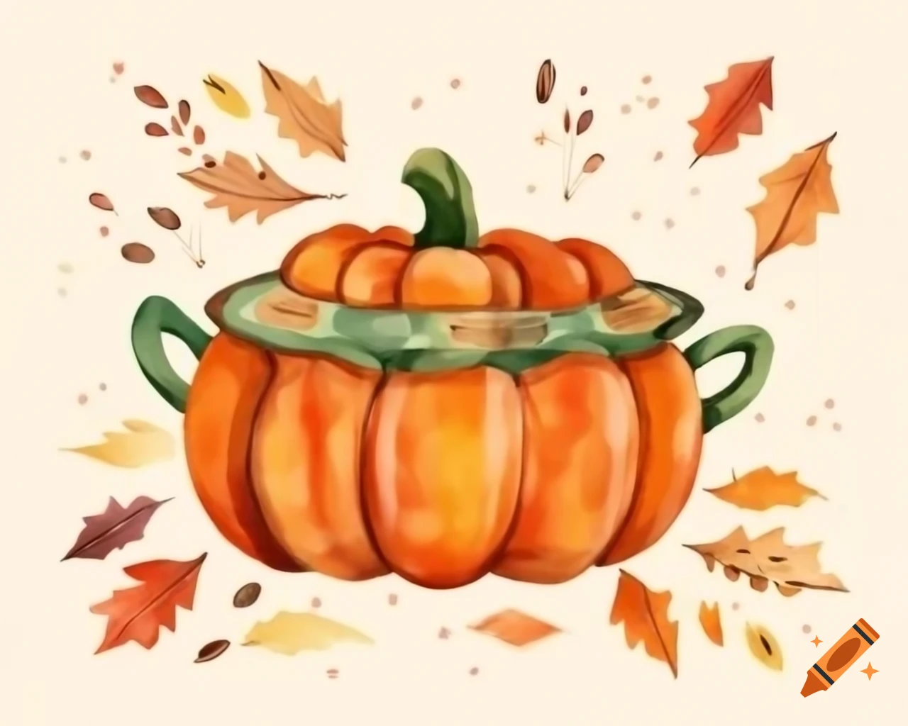 Pumpkin-shaped Thanksgiving soup tureen in vibrant autumn colors, watercolor storybook style