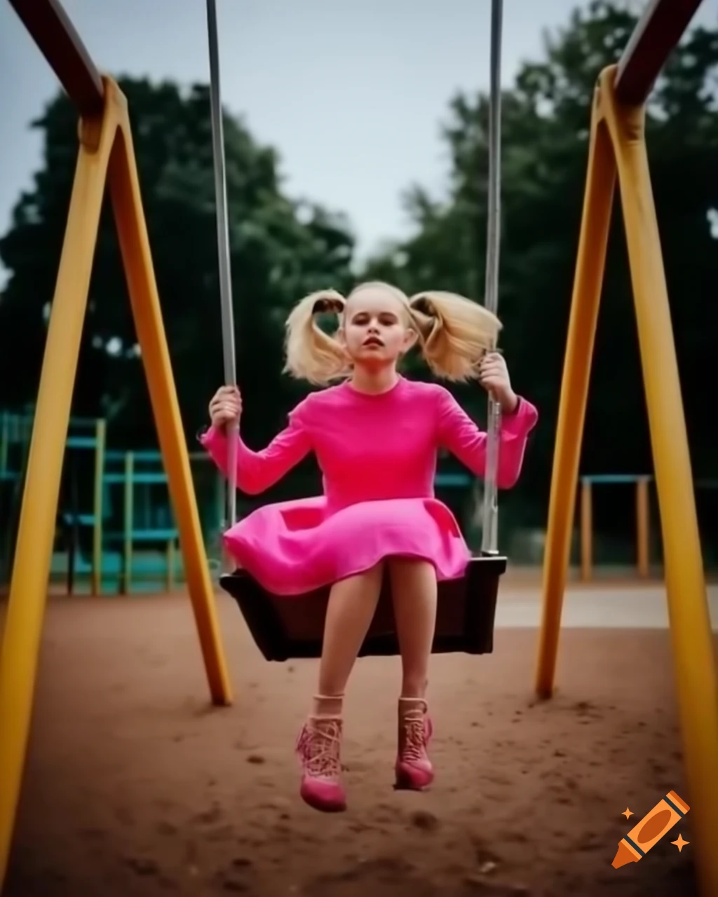 Girl in pink dress swinging at playground with blonde pigtails