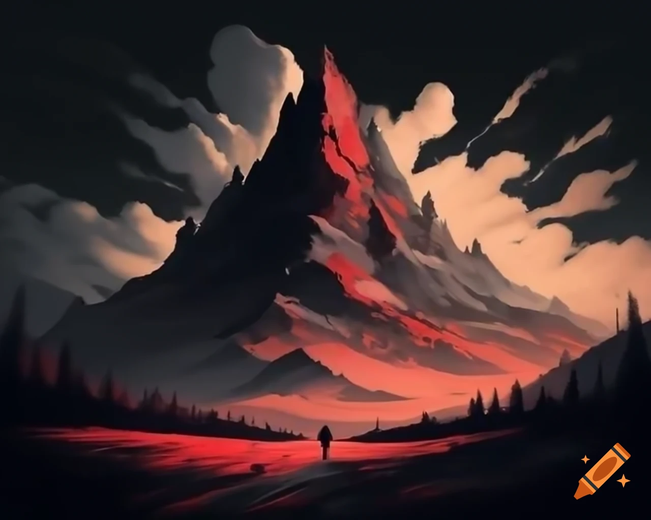Tall mountain with red and black colors under dark skies, man walking towards it