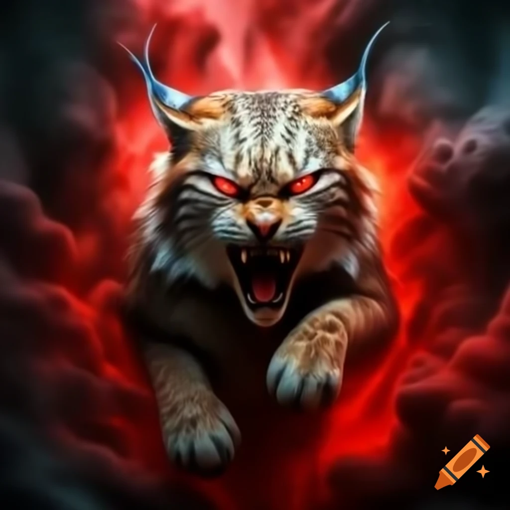 Lynx face emerging from red mist with glowing eyes