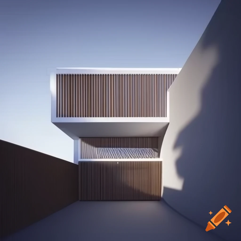 Minimalist sleek exterior of a futuristic office building with natural wood and windows