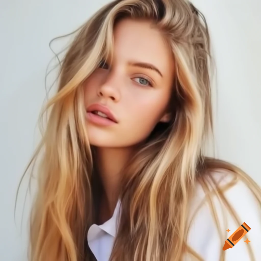 Beautiful blonde woman with long wavy hair wearing a white shirt