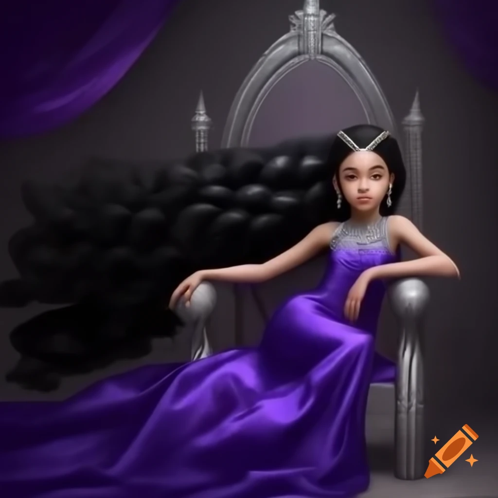 Young empress with black hair on silver throne in royal purple dress