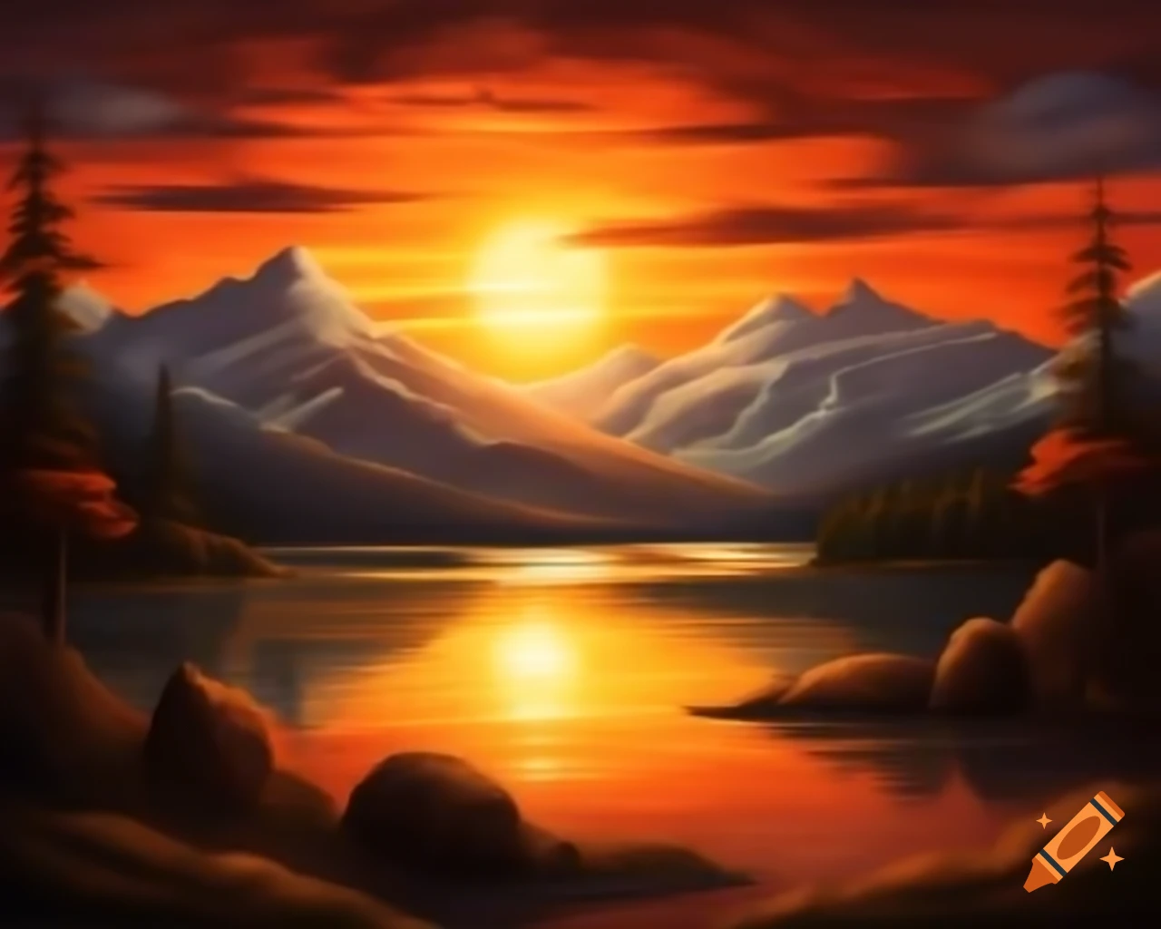 Photorealistic painting of sunset over mountain lake with god rays