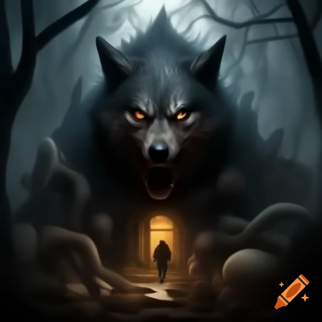 Scary old house made of wolf skin with creatures nearby trying to enter