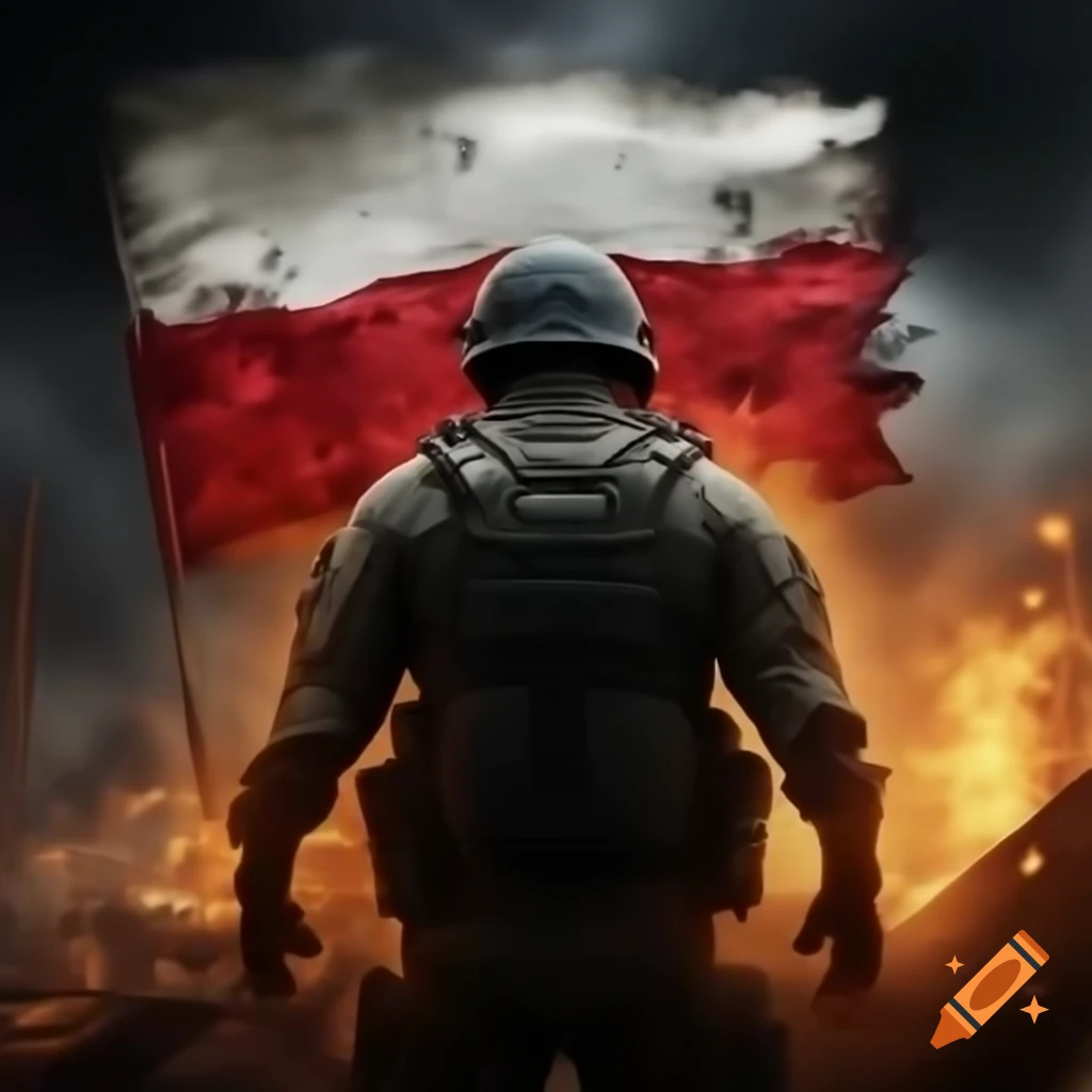 Tattered Polish flag held by soldier in warzone, symbol of resilience