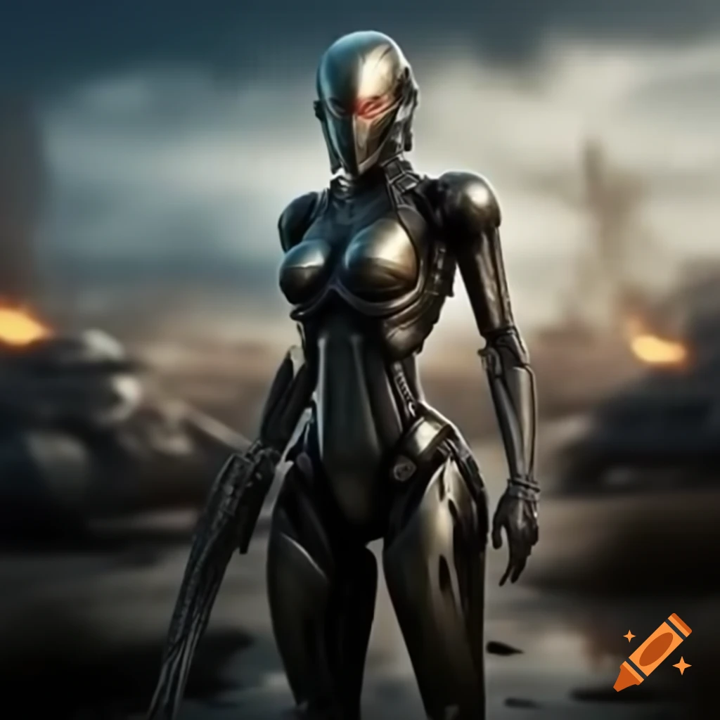 Slender cyborg warrior on futuristic battlefield