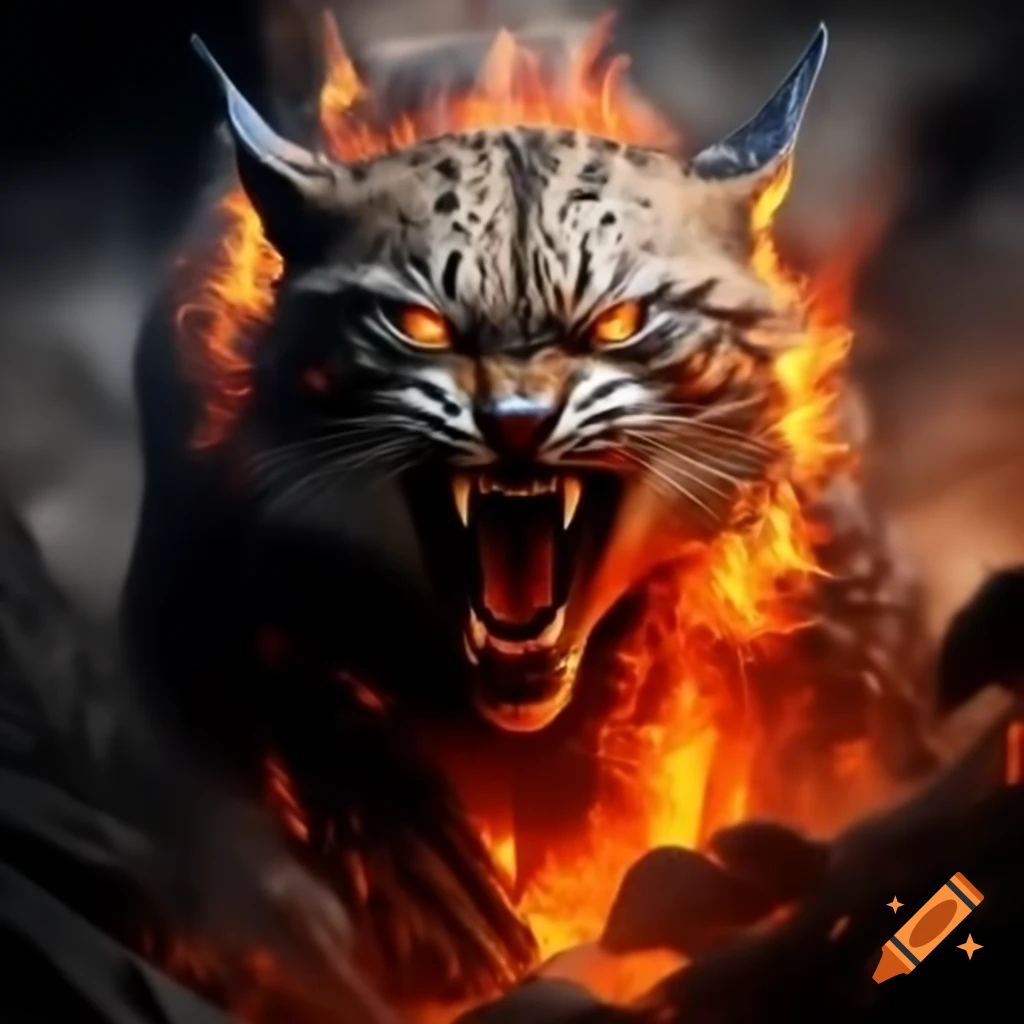 Lynx silhouette emerging from fiery furnace with smoky hues