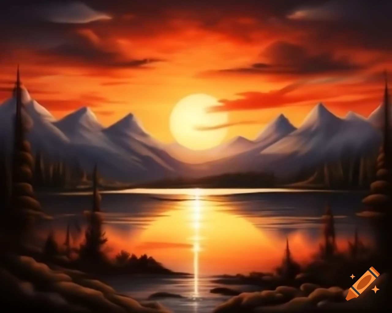 Photorealistic painting of sunset over mountain lake with god rays
