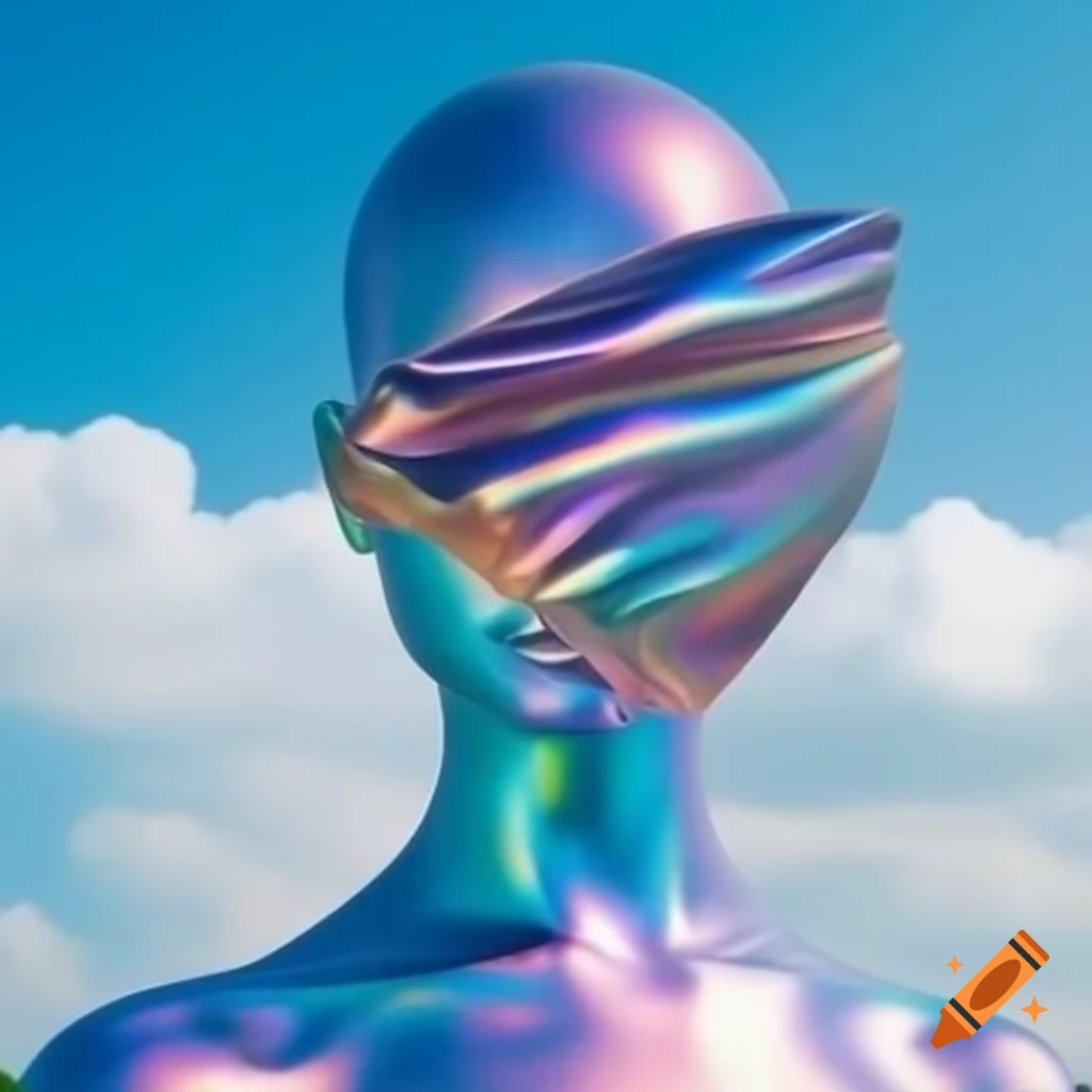 Pop surreal photography featuring iridescent statue in bright sky