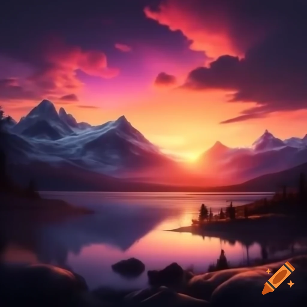 Vivid sunset over snow-capped mountains with glowing sky and calm lake