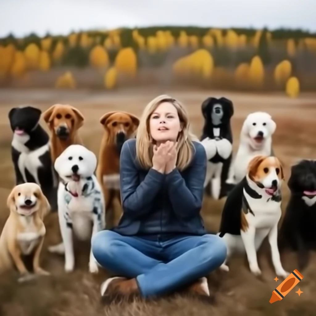 Woman happily surrounded by nine dog breeds in Finnish autumn landscape