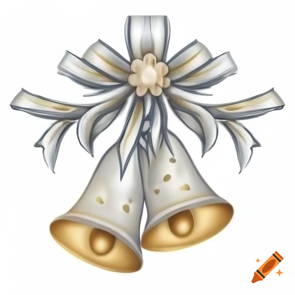 Sparkling Christmas bell with ribbons and roses in watercolor storybook style