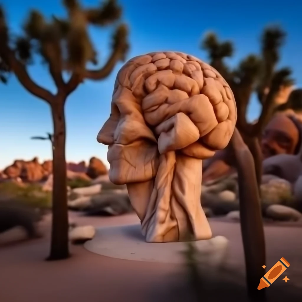 Sandstone sculpture of a brain in desert with joshua trees