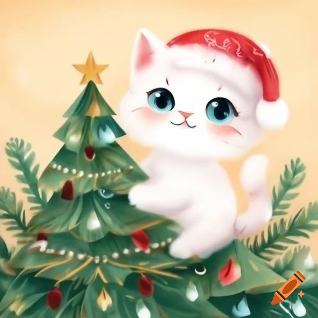 Fluffy white kitten climbing Christmas tree with red and gold tinsel, watercolor storybook style