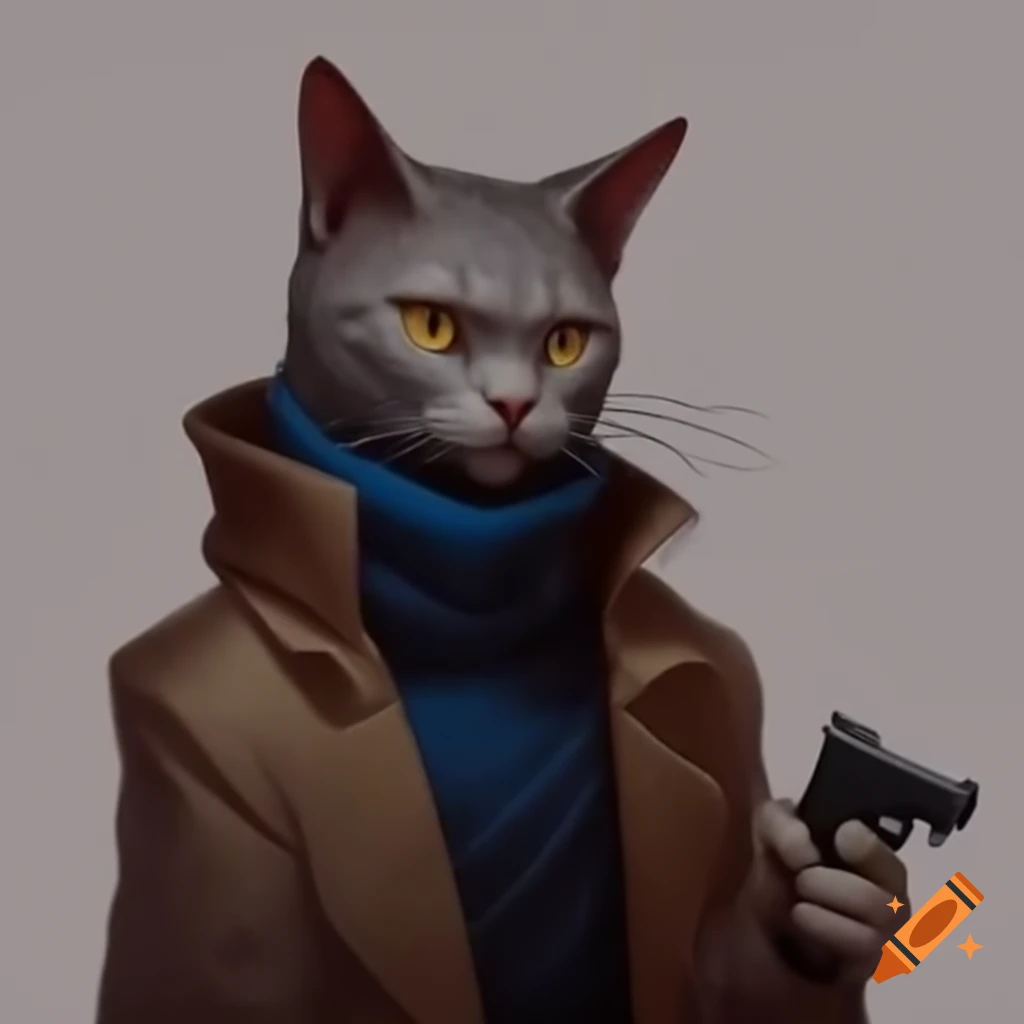 Humanoid cat in long coat holding a glock