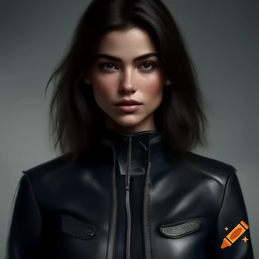 Woman in zipped leather jacket with high collar