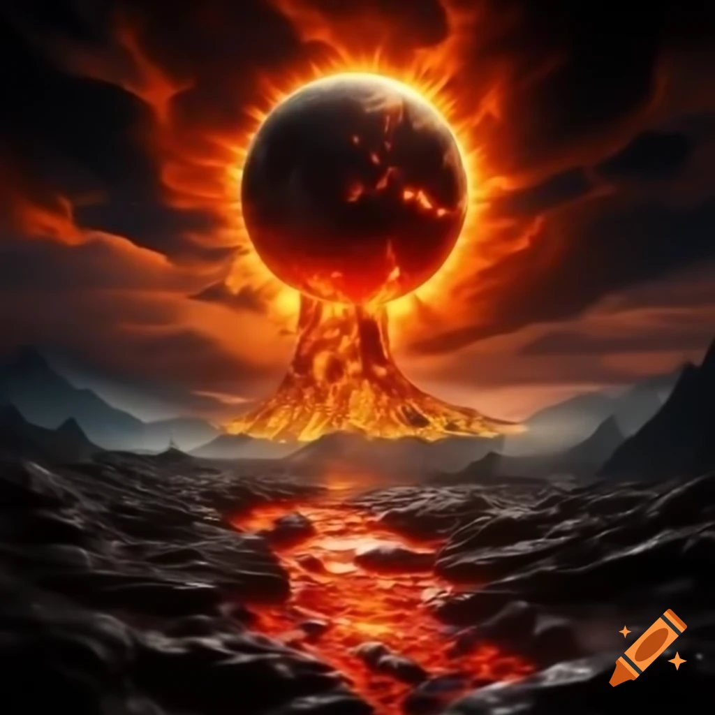 Blacklight hellscape featuring molten lava and fire ants with a menacing sun
