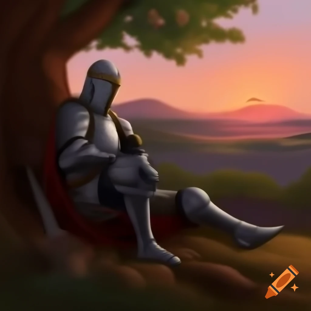 Knight resting under a tree during sunset