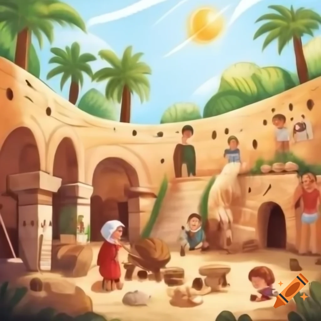 Ancient Jerusalem with happy people, children, animals, and palm trees