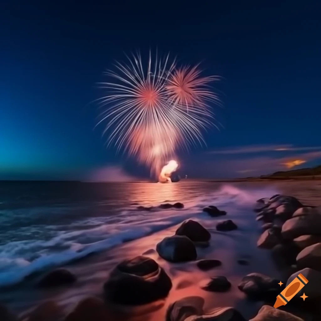 Fireworks illuminating night sky over calm waves at the German Baltic Sea