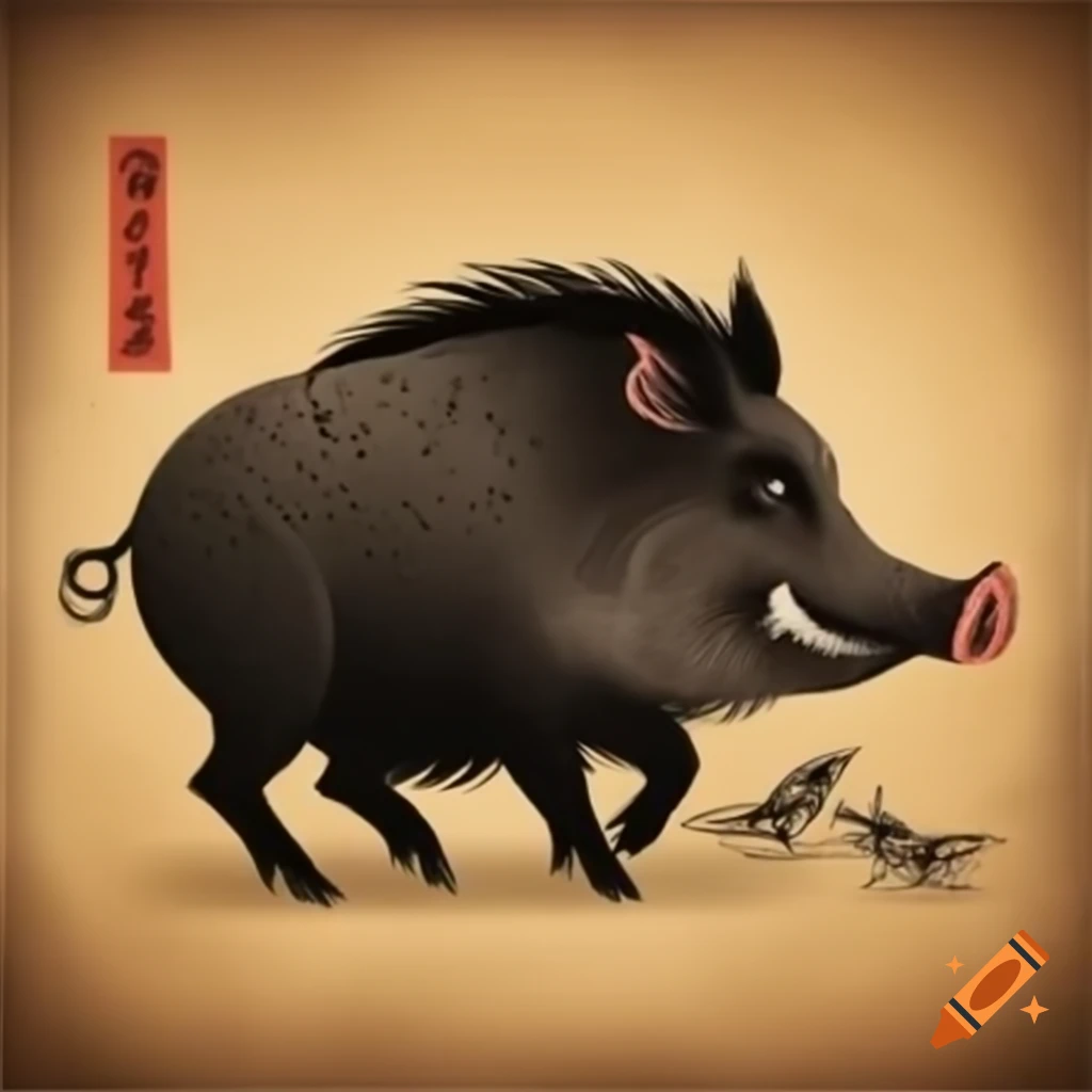 Wild boar illustrated in traditional Japanese art style
