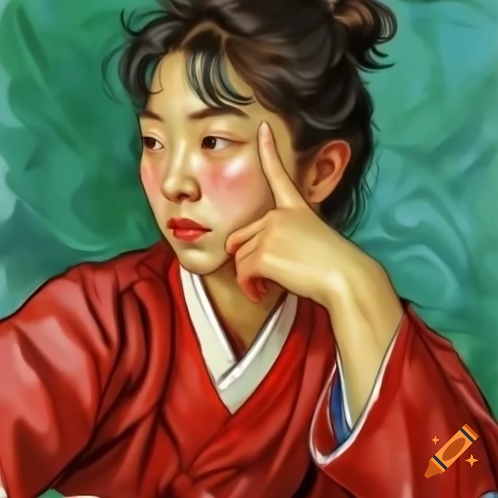 Stunning animated portrait of Korean woman in red, Van Gogh style, watercolor and hyper-realistic