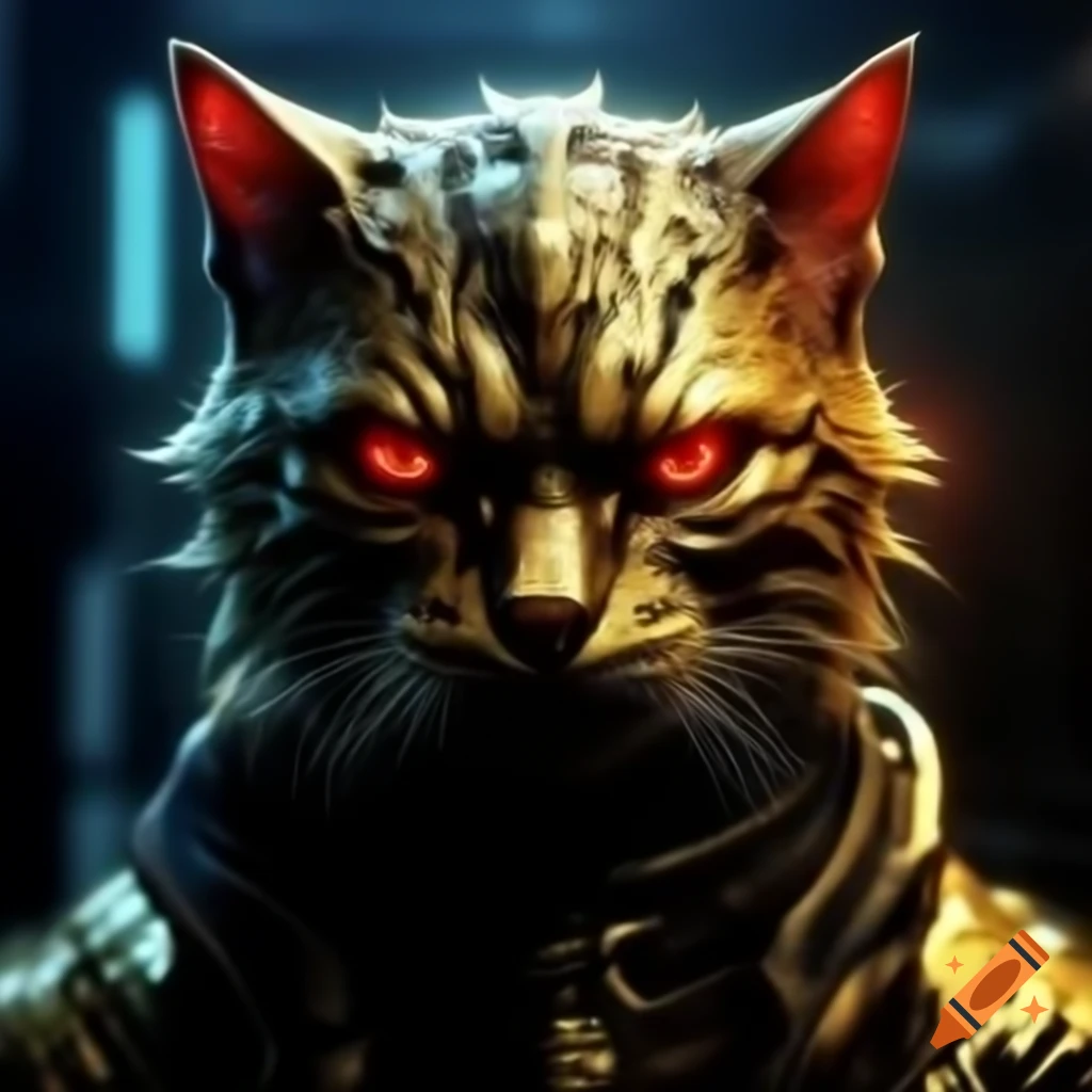 Sinister gold glowing cat deity with red eyes in cyberpunk setting