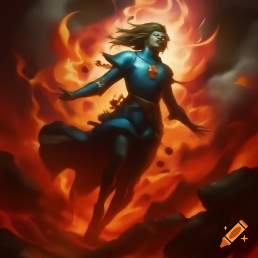 Powerful figure in blue and black walking through fields of lava, leaving a radiant wake