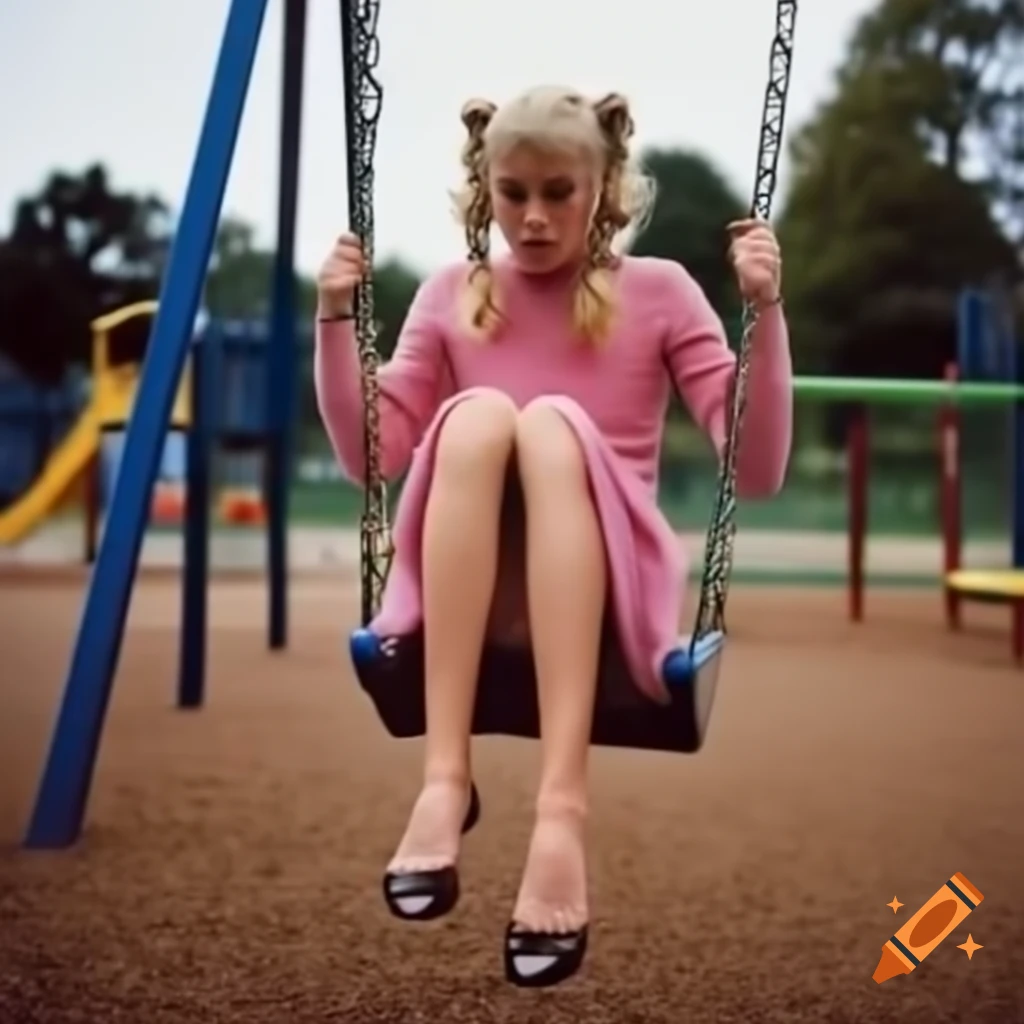 Girl with blonde pigtails swinging in playground wearing a pink dress