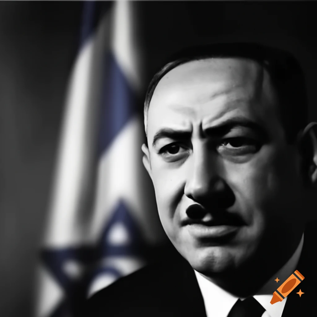 Political illustration of Netanyahu with mustache resembling Hitler