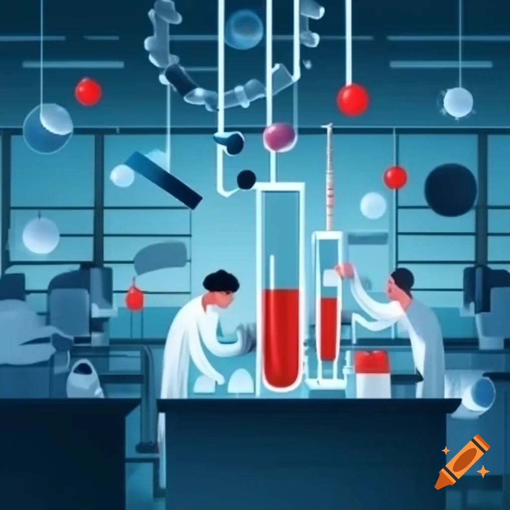 Researchers in laboratory with test tubes, DNA double helix, and floating neurons