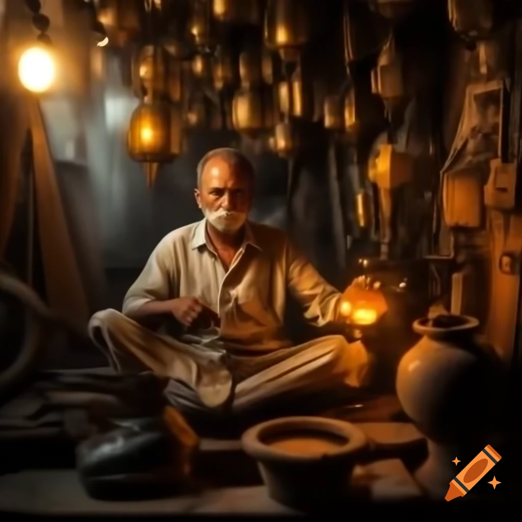 Middle-aged man in traditional Indian attire crafting lantern in warm workshop