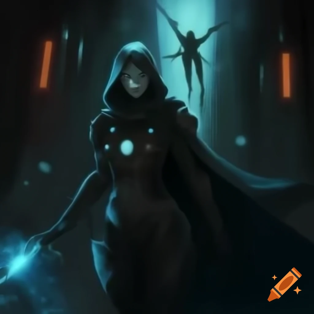 Cyborg warrior in dark armor illuminated by neon lights in a futuristic metropolis