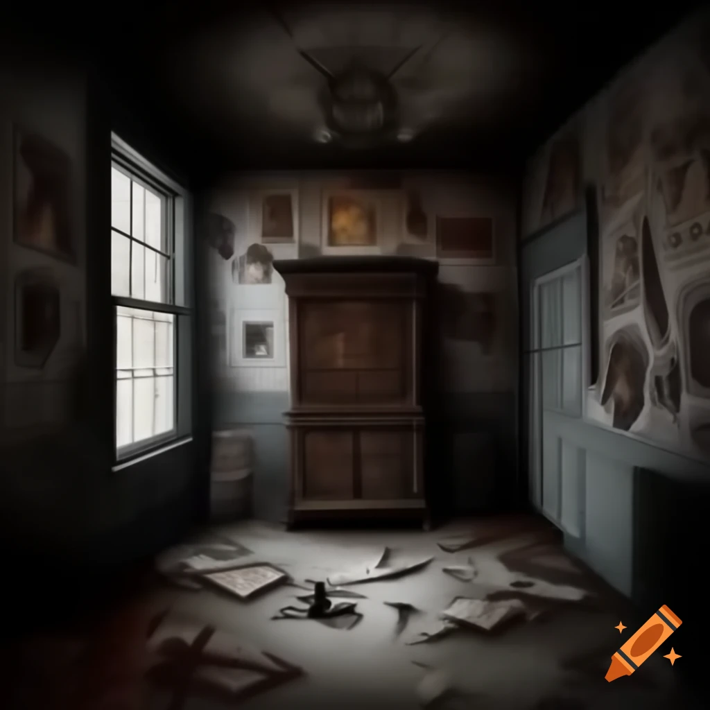 Scary house room with demonic drawings on walls