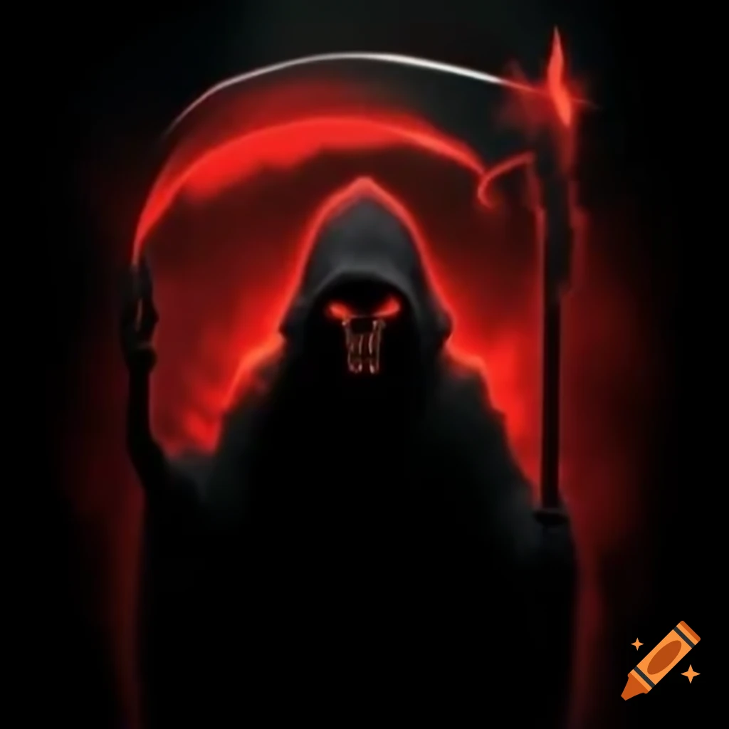 Silhouette of reaper holding glowing red scythe