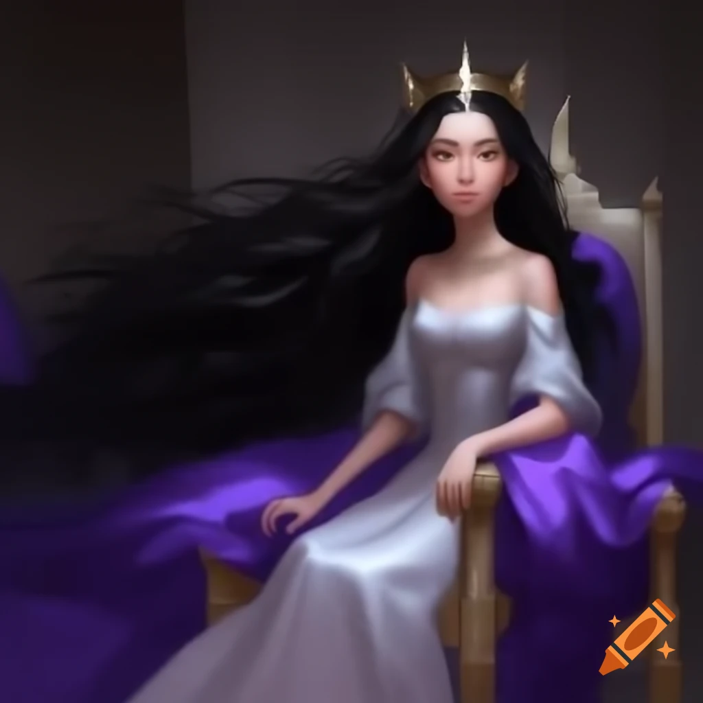 Young empress with black hair in royal purple silk dress sitting on silver throne
