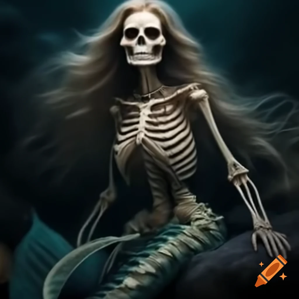 Realistic skeleton mermaid with long flowing hair