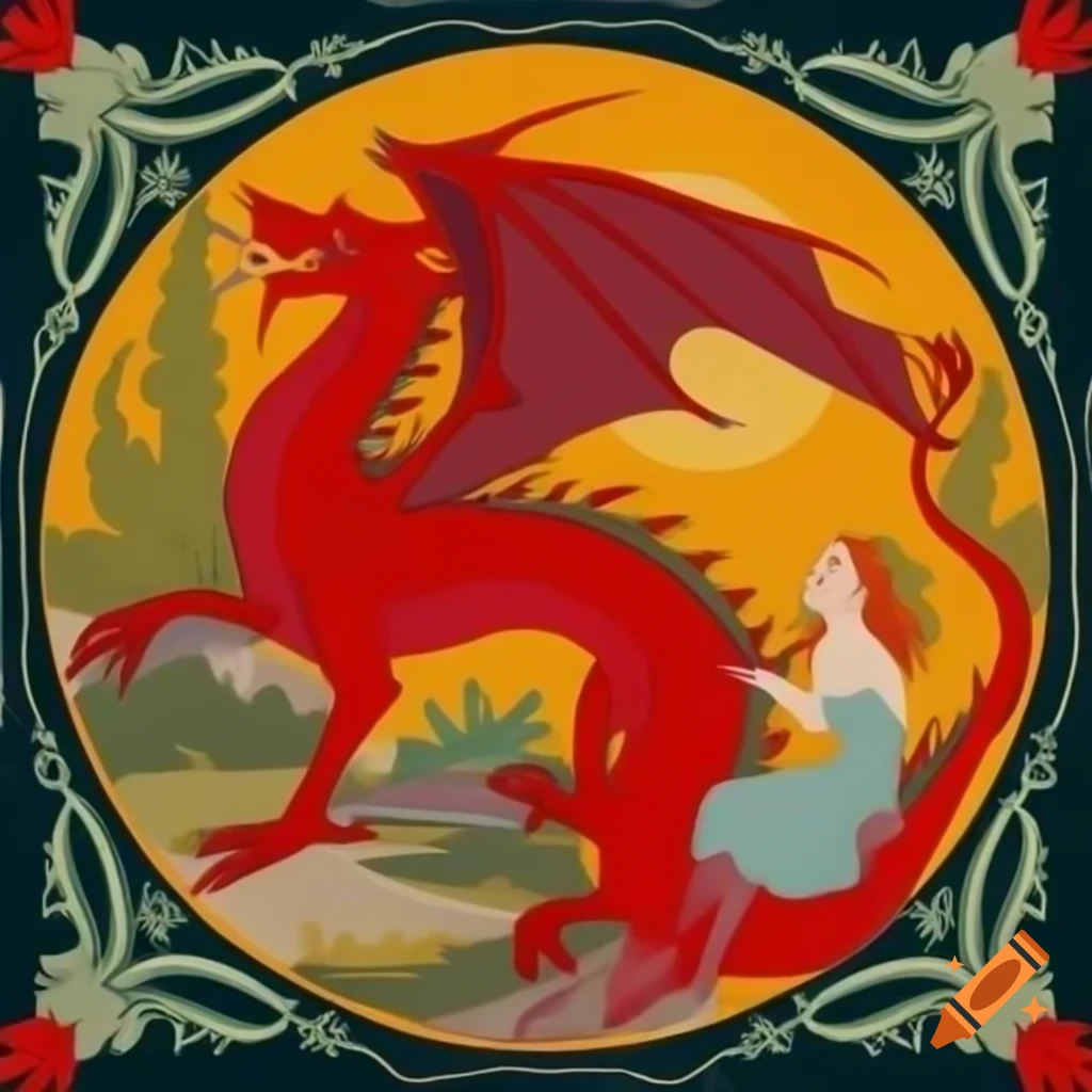 Art nouveau illustration of 'The Great Red Dragon and the Woman Clothed with Sun' with clean bold lines