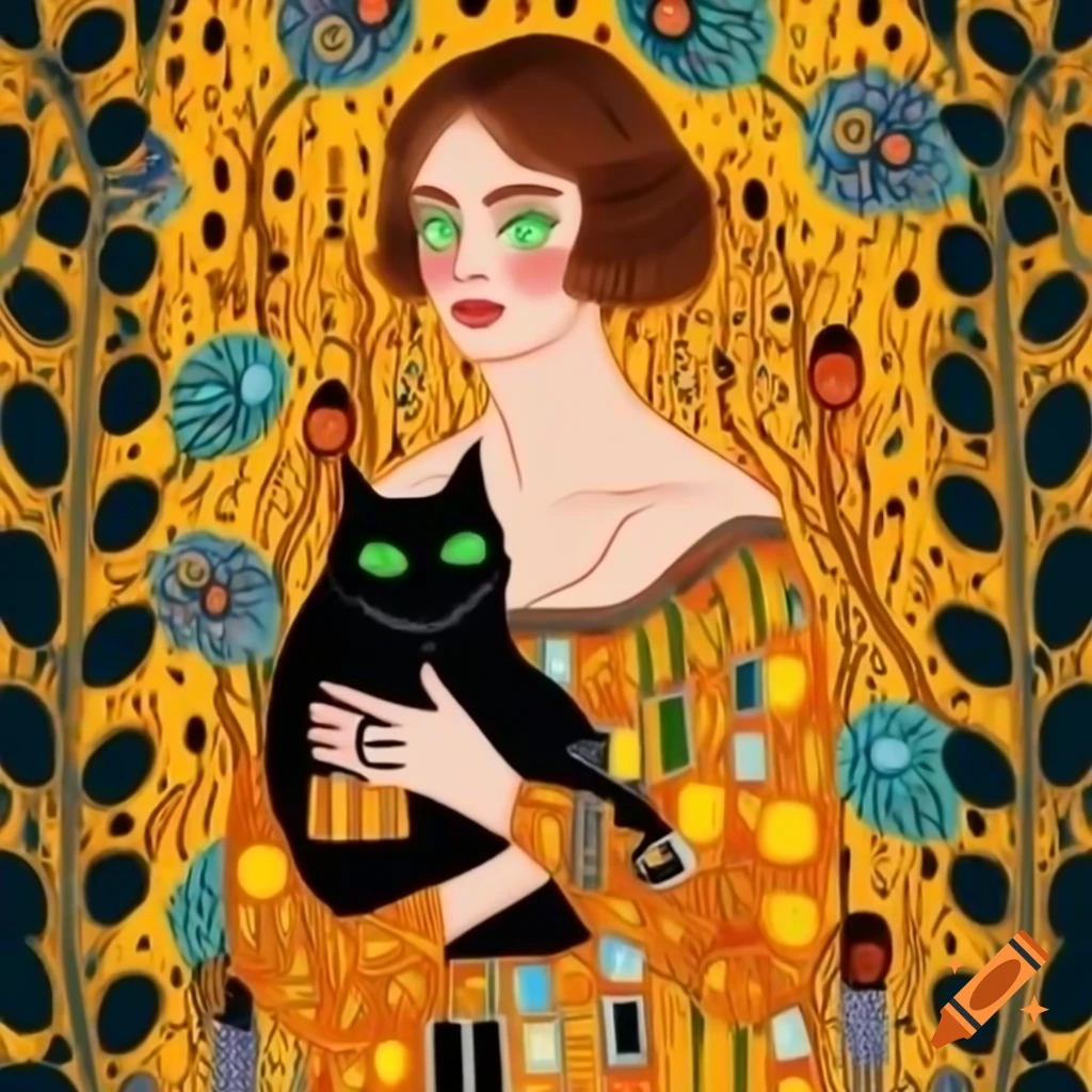Portrait of woman in colorful dress holding black cat with flowers growing and bird on her, Klimt and Vinci inspired