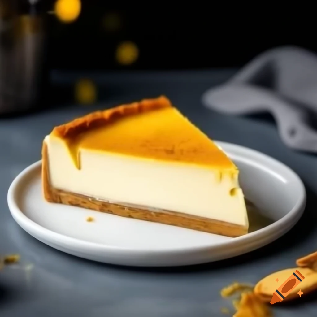 Realistic cheesecake slice with golden graham cracker crust on plate