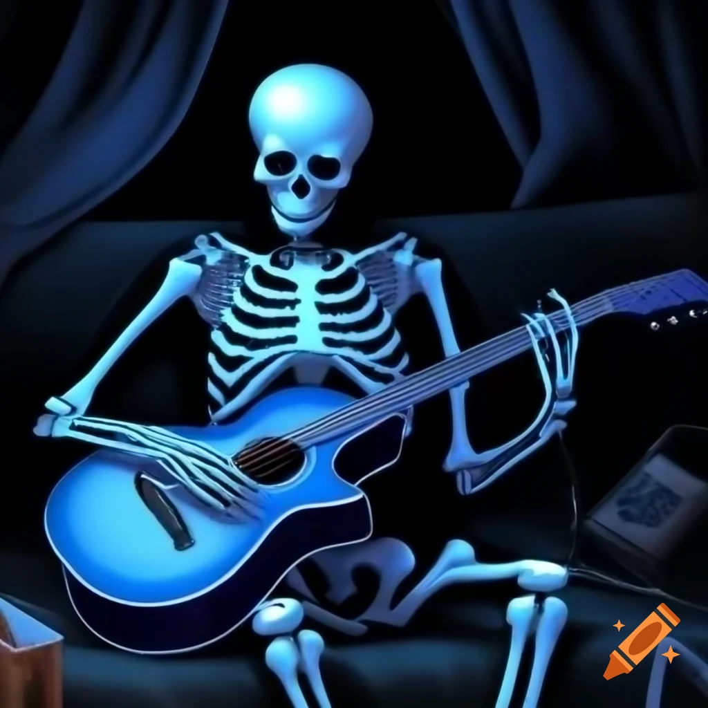 Blue skeleton playing guitar