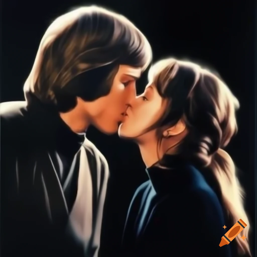 Luke Skywalker and Han Solo sharing a kiss in vintage Star Wars scene
