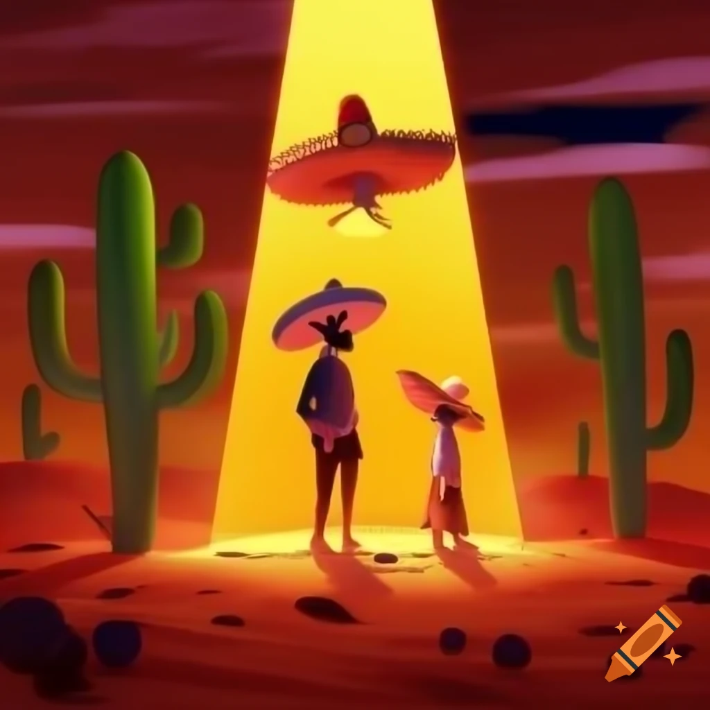 Person in sombrero and poncho standing among cacti in desert sunlight