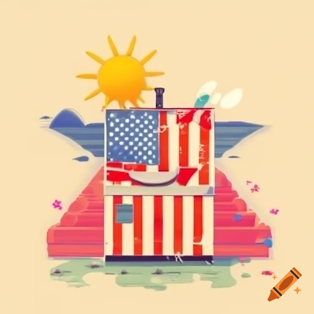 Vintage t-shirt design of cartoon polling booth with sunshine and 'Don't Forget to Vote!' banner