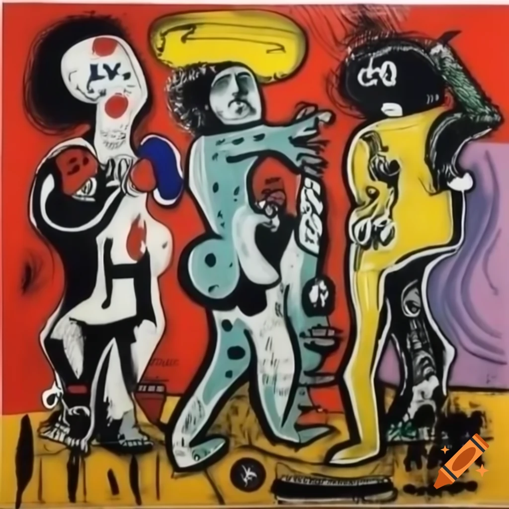 Horsemen of the Apocalypse painting in Jean-Michel Basquiat and Marc Chagall styles