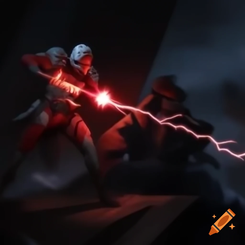 Two wizards in red and white battling with lightning weapons in a vivid landscape
